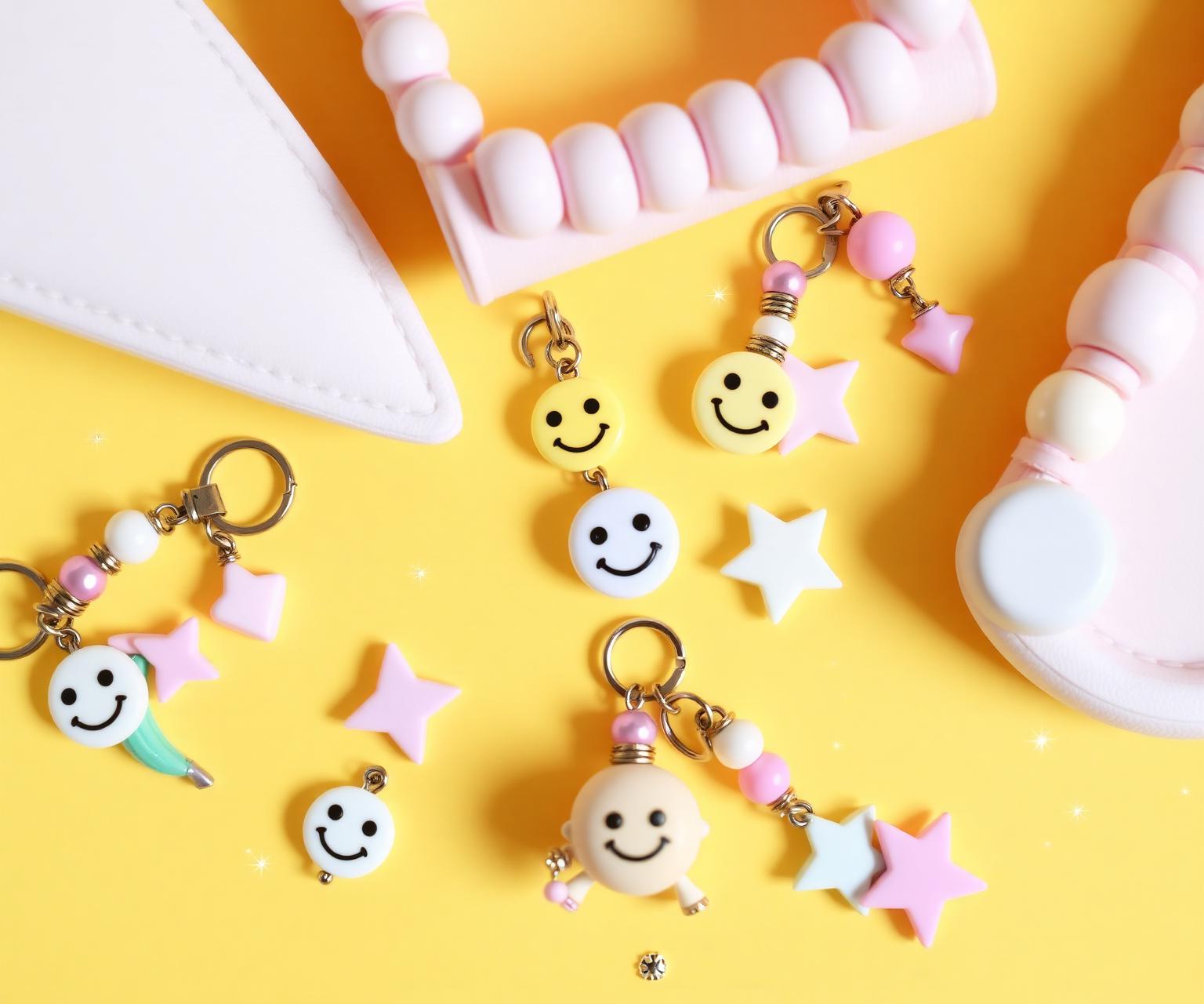 A flat lay of handmade pastel beaded charms with smiley faces, bananas, and stars